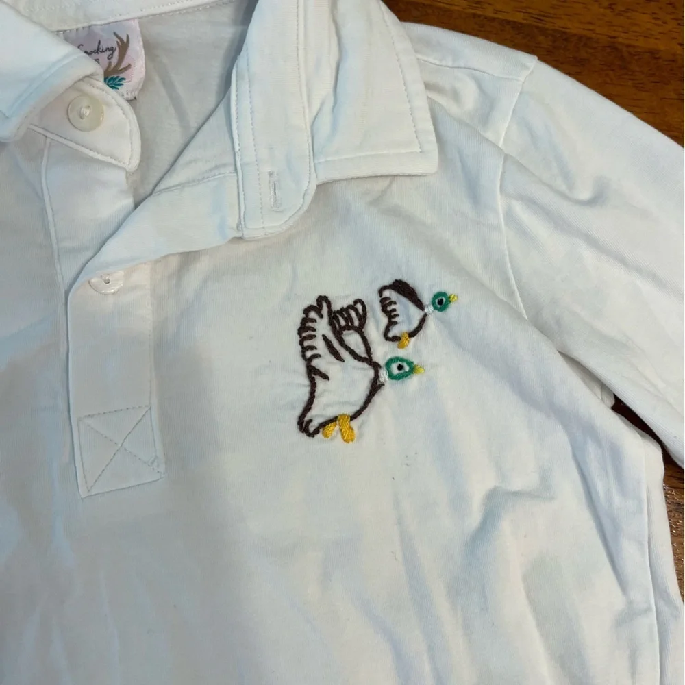 The Smocking Place White Kids Polo long sleeve duck embroidered shirt size 6